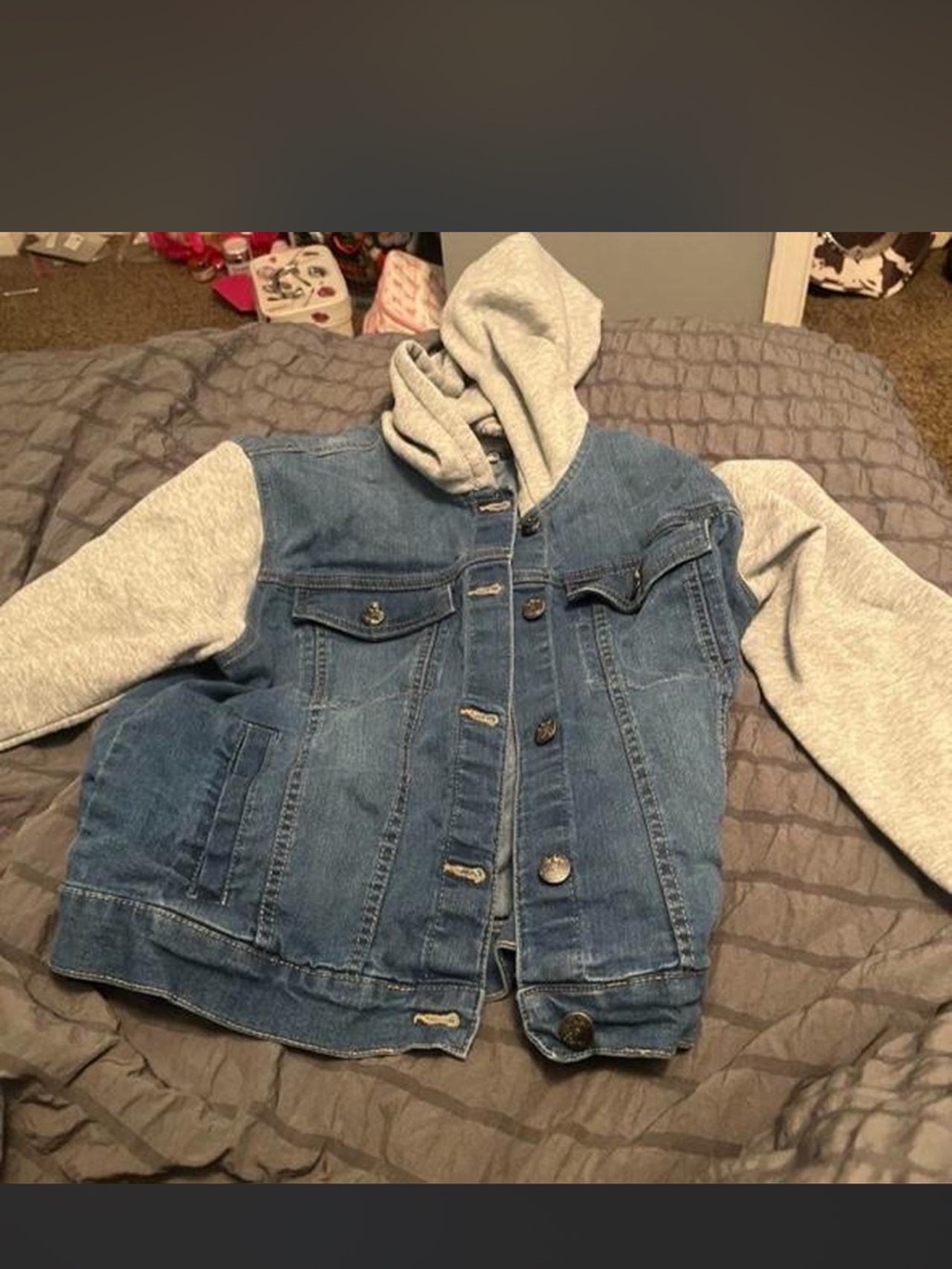 Sugar & Honey Girls Denim Jacket with Grey Hoodie Sleeves, Size L